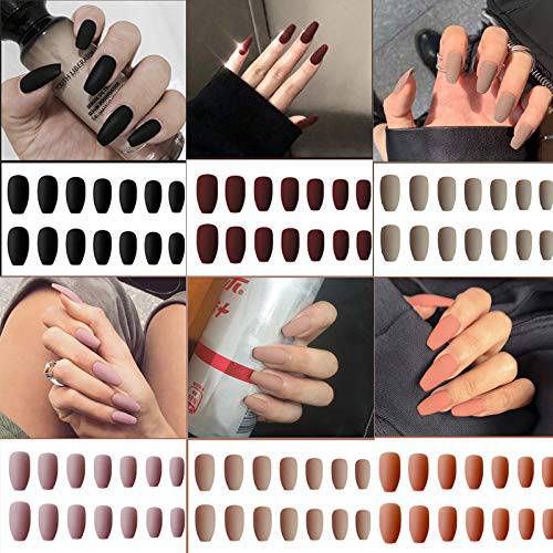 6 Packs (144 Pcs) Matte Coffin Press on Nails Medium Length, Acrylic Short False Nails Set Artificial Nails Fake Solid Color with Adhesive Tabs Nail File for Women…