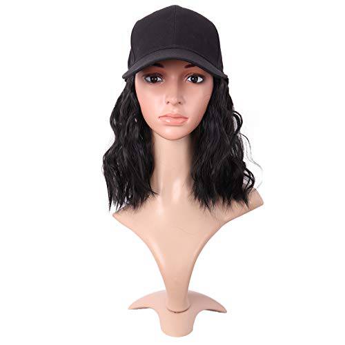 MapofBeauty 13 Inch/33cm Short Curly BOB Synthetic Hair Extension Daily Use Adjustable Baseball Hat Wig (Jet Black)