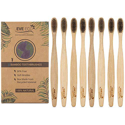 EveEco 8 Count I Bamboo Toothbrush I Soft Bristles Best for Sensitive Gums I Charcoal I Vegan I Natural Wood I BPA Fee I Recyclable I Compostable I Biodegradable | Environmentally Friendly