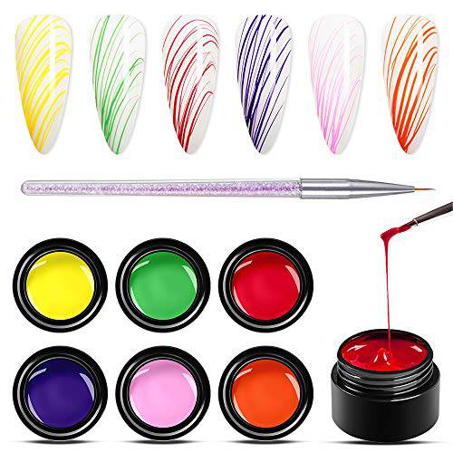 6 Colors Luminous Spider Gel, Glow In The Dark Nail Art Drawing Gel for Line, Painting Elastic Drawing Spider Gel for Nail Art, Soak off UV LED Nail Gel, DIY Nail Art Manicure with Brushes