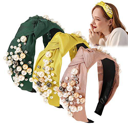 Headbands for Women Head Bands - Top Knotted Pearl Hair Bands No Slip Fashion for Girls Diademas Para Mujer De Moda Wide Hairband Hair Accessories Gifts for Women and Girls Yellow Pink Green
