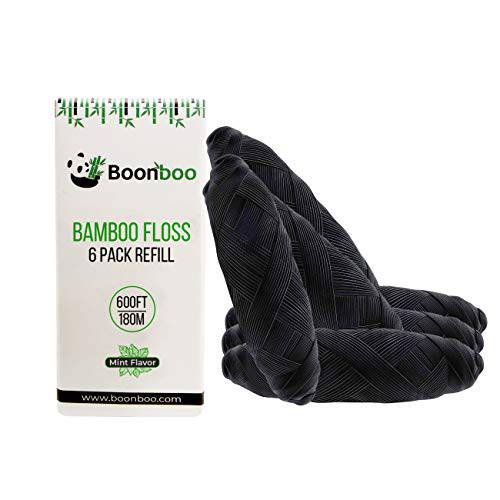 Boonboo Dental Floss Refill | Bamboo Woven Fiber | 6pcs of 100FT/30M - Total 600FT/180M | Charcoal Teeth Flossing Thread | Sustainable & Biodegradable (Mint)