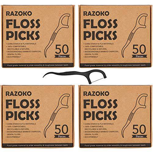Natural Dental Floss Picks High Toughness Charcoal Toothpicks Sticks-Vegan,Eco-Friendly Sustainable Flossers for Teeth Cleaning (200 Count)