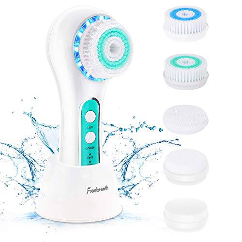 FreeBreath Facial Cleansing Brush, IPX7 Waterproof Face Scrubber with 3 Speed Modes, Face Brushes for Cleansing and Exfoliating with 5 Brush Heads, Removing Blackhead, Fully Rechargeable(Fresh Green)