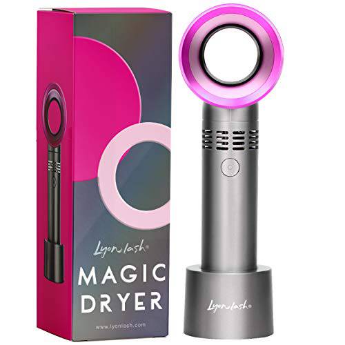 Lyon Lash Portable USB Rechargeable Bladeless Mini Fan/Air Conditioning Blower/Handheld Cooling Dryer, Essential Eyelash Extension Supplies, Dries Glue/Adhesive Rapidly (Nickel/Fuchsia Pink)