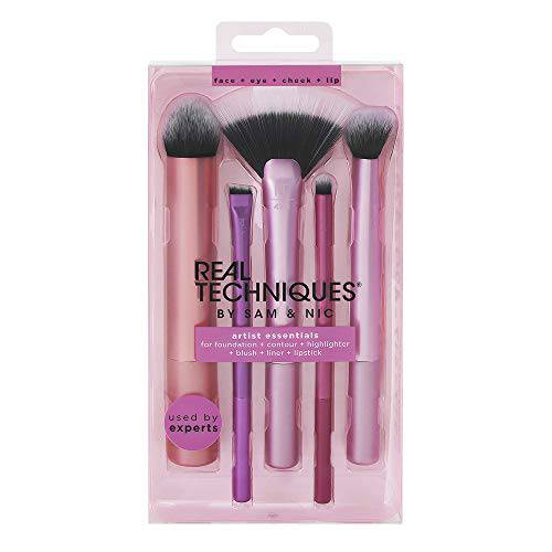 Real Techniques Artist Essentials Makeup Brush Set, For Foundation, Blush, Highlighter, Eyeshadow, & Liner, Professional Makeup Tools, Synthetic Bristles, Vegan & Cruelty-Free, 5 Piece Set