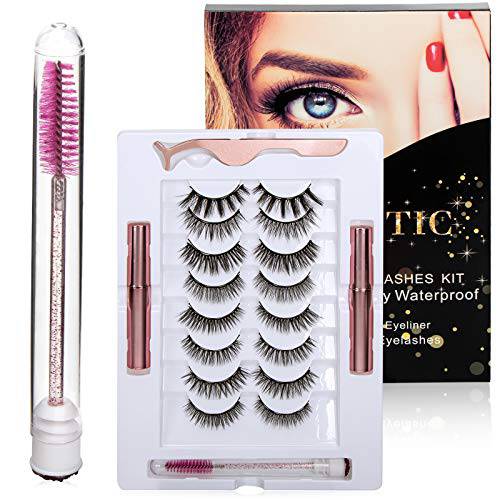 3D Magnetic Eyelashes with Eyeliner Kit, HMEEN 10 Pairs Reusable False Magnetic Lashes with 2 Tubes of Waterproof Magnetic Eyeliner and Tweezer Applicator, Natural Look, No Glue Needed