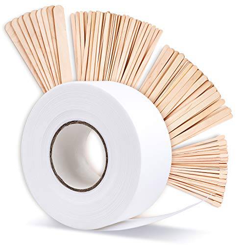 Whaline Wax Sticks Wax Strips Kit Including 160pcs 4 Sizes Wooden Waxing Spatulas Wax Applicator Stick, 7cm x 50m Non-Woven Epilating Roll Strips Roll for Face Body Hair Removal Beauty Women Men