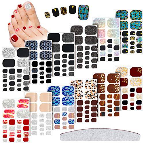 264 Pieces 12 Sheets Full Wraps Toenail Polish Stickers Mermaid Design Toenail Art Polish Stickers Strips Glitter Self-Adhesive Toenail Art Decals with Nail File for Women Girls (Chic Style)