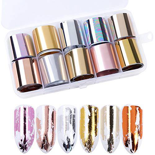 10 Rolls Metallic Color Holographic Nail Foil Transfer Sticker Roll Set, Mwoot Mix-Pattern Nail Art Stickers, Wraps Decals Starry Sky Manicure Kit,Gold, Silver, Rose Gold (1.03inchs*39.37inchs)