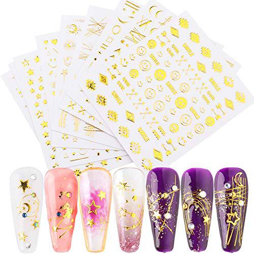 SeBeauty 3D Gold Nail Art Stickers Decals Luxury Nail Art Supplies Golden Line Adhesive Nail Sticker Laser Shiny Star Moon Sun Jewelry Flowers Design Nail Art Decoration DIY Manicure 12 Sheets