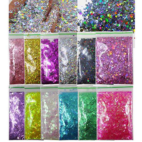 12 Colors Hexagon Chunky Glitter Crafts Sequins Holographic Gold Silver Black Mylar Pink Sparkles Nail Art Flakes for Resin/Makeup/Nail Tips (Hexagon-B)