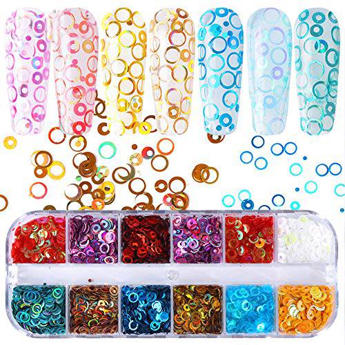 3D Nail Art Stickers Glitter Decals Circle Nail Sequins Laser Round Nail Supplies Sparkle Colorful Nail Flakes Shiny O Shape Design for Acrylic Nail Supplies Charms Nail Decorations Accessories