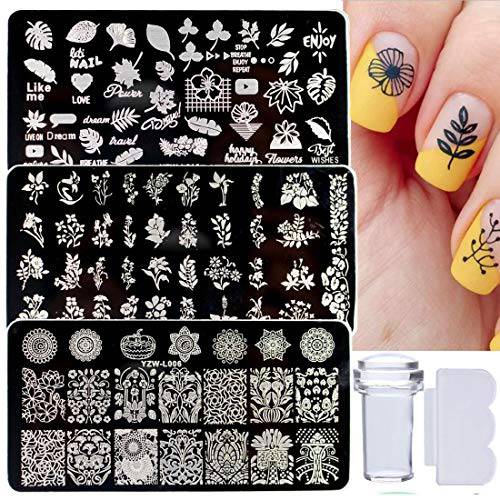 3pcs Nail Stamper Plate Kit Butterfly Leaves Image Nail Stamping Template with Clear Stamp and Scraper for Nail Art Design