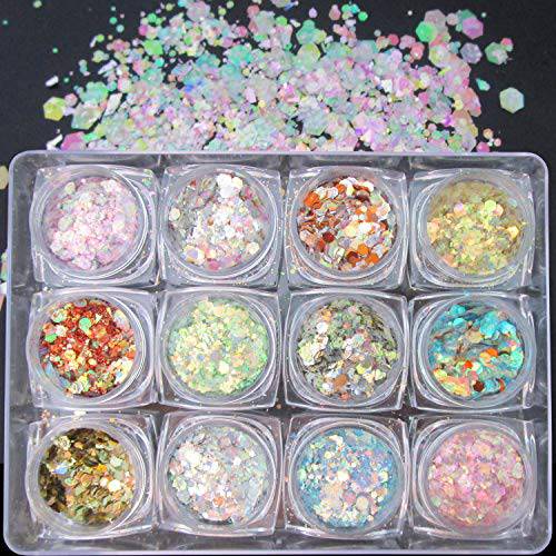 LuckForever 12 Jar Chunky Glitters Sequins Iridescent Champagne Pink Gold Hexagon & Powder Glitter Flakes Nail Art Decorations Makeup Body Craft Glitter Accessories