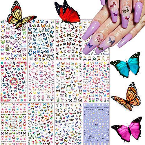 Kalolary 12 Sheets Butterfly Nail Art Stickers Decals, 3D Self-Adhesive Nail Decals Butterflies Designs Nails Supplies, Butterfly Stickers for DIY Colorful Laser Butterfly Nails Manicure Decor
