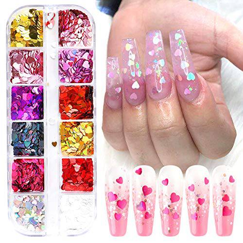 Valentine Heart Nail Glitters Sequins Heart Nail Decals 12Colors Heart Nail Art Confetti 3D Holographic Shiny Nail Flakes Acrylic Valentine’s Day Nail Art Supplies Nail Art Decorations Accessories