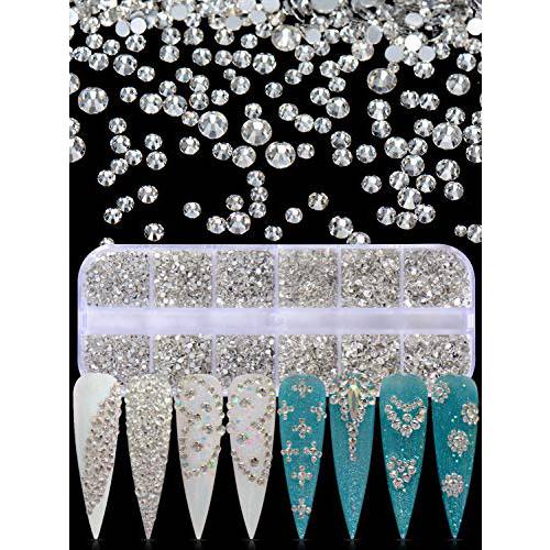 Warmfits 3600pcs Clear Nail Crystals Transparent Nail Art Rhinestone Round Shaped Flatback Gems Stones 6 Sizes with Box for Nail Design Craft Art Shoes Wedding (Crystal Clear)