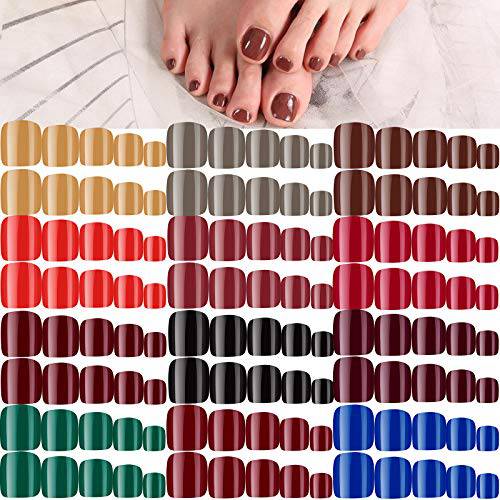 288 Pieces 12 Sets Short False Toe Nails Short Square Artificial Nail Tips Press on Glossy Toe Nails Solid Color Full Cover Square Fake Nails for Nail DIY Manicure (Dark-color Pattern)