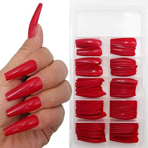 100pc Colored Coffin Press on Nails Long Ballerina False Fake Nail Tips Full Cover Manicure Design Acrylic Nails for Women Teen Girls (Red)
