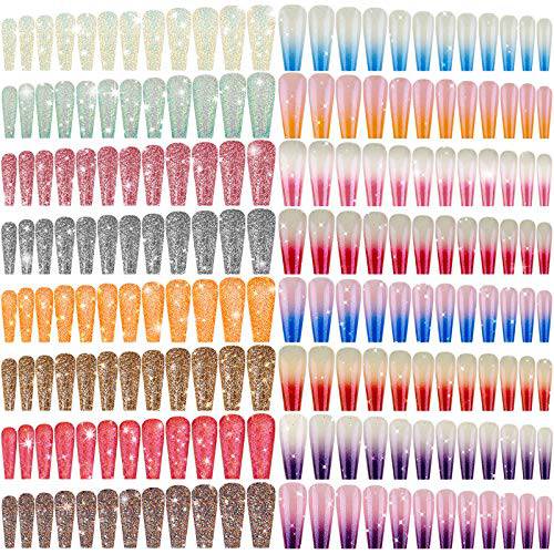 384 Pieces 16 Sets Extra Long Press on Nails Ballerina Coffin False Nails Glitter Full Cover Fake Nails Artificial Acrylic Nails for DIY Nail Salon Women Girls (Glitter and Double-gradient)