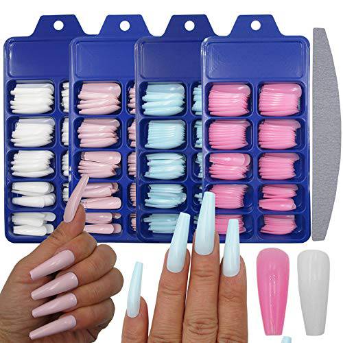 LoveOurHome 400pc Press on Nails Long Coffin Full Cover Fake Nails Glossy Matte Artificial Fingernails Colored French Fake Acrylic Nail Tips Manicure Supplies 10 Sizes