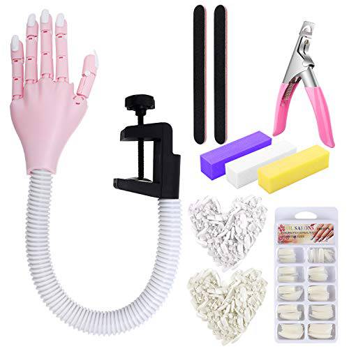 Nail Training Hand for Acrylic Nails, Fake Hand for Nail Practice,Flexible Adjustable Maniquin Hand with 300pcs Nail Refilled Tips for DIY Nail Manicure Supplies Kit