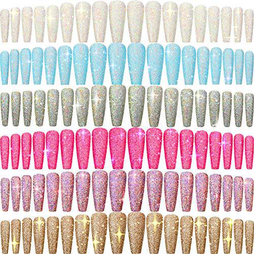288 Pieces 12 Sets Extra Long Ballerina Press on Nails Coffin False Nails Gradient Color Long Acrylic Nails Glitter Artificial Nail Tips Full Cover Fake Nails for DIY Nail Salon (Glitter Design)