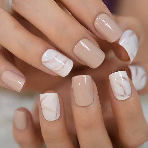 Aiyuan Marble Press on Nails Short Square Fake Nails Full Cover Acrylic False Nails with Designs Glossy Artificials Nails Wide Faux Nails for Women and Teens Girls Gifts