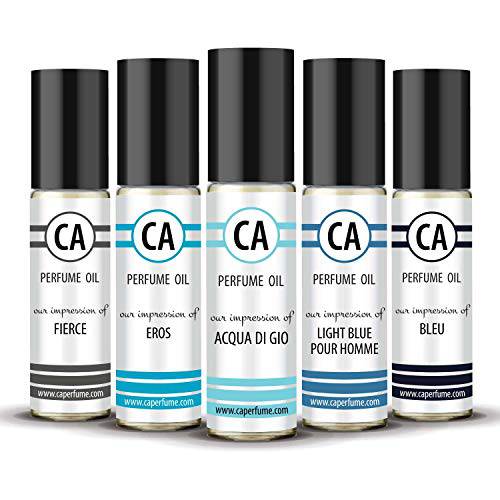 CA Perfume 2020 Top 5 Men Perfume Set Impression of (Light Blue + Eros + Aqua Di Giorgi + Bleu + Fierceful) Fragrance Body Oils Essential Sample Travel Size Roll-On (0.3 Fl Oz/10 ml) x 5