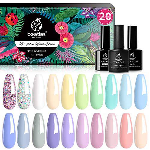 Beetles 20Pcs Gel Nail Polish Kit with Glossy & Matte Top Coat and Base Coat - Pastel Paradise Girly Colors Collection Bright Nail Art Solid Sparkle Glitters Gel Polish Halloween Nails Manicure Kit