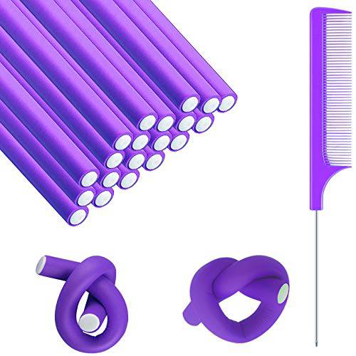 20 Pieces Flexible Curling Rods,Twist Foam Hair Rollers,Soft Foam No Heat Hair Rods Rollers with 1 Steel Pintail Comb Rat for Women Girls Long and Short Hair,0.55 inch,Purple