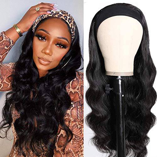 SWEETGIRL Body Wave Headband Wig Human Hair Wigs for Black Women Wavy Wig with Headband Attached Glueless None Lace Front Brazilian Hair Half Wig Natural Black 18 Inch 150% Density