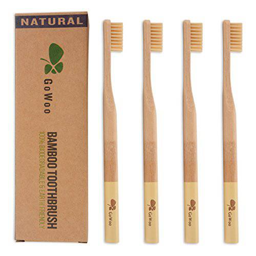 GoWoo 100% Natural Bamboo Toothbrush Soft - Organic Eco Friendly Toothbrushes with Soft Nylon Bristles, BPA-Free, Biodegradable, Dental Care Set (Pack of 4, Adult, Beige)