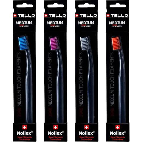 TELLO 3940 Adult Medium Swiss Toothbrush for Gentle Cleaning with Ergonomic Handle, 3 Count