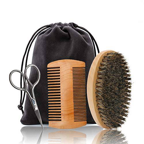 Hair Dough Beard Brush & Comb, Scissors Set for Men, Set Includes Soft Boar Bristle Brush, Bamboo Wide Tooth Comb, and Mustache Trimming Scissors, Straighten & Soften Your Beard