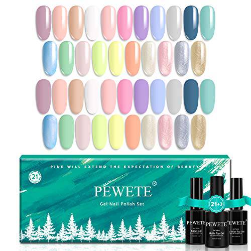 PEWETE Gel Nail Polish Kit 24 Pcs pink Skyblue Oldlace Gold Silver Turquoise Spring & Summer Color Gel for Starter Kit with Glossy & Matte Top Coat and Base Coat
