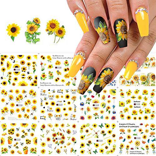 12 Sheets Sunflower Water Transfer Nail Art Stickers, Flowers Leaves Nail Design Nail Decals For Acrylic Nail Supplies, DIY Spring Summer Fashion Charm Nail Decoration Kits Manicure
