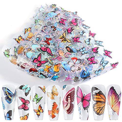 Butterfly Nail Foils Nail Art Transfer Stickers Laser Colorful Butterflies Nail Art Foil Stickers Summer Decor Starry Sky Nail Adhesive Decals for Nails Supply Manicure Tips Wraps Decorations (10pcs)