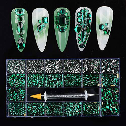 WEILUSI Nail Art Rhinestones Round Beads Flatback Crystals Gems 8620Pcs Multi Shapes Glass Crystal Rhinestones for Nail Art Makeup Face Decor Crafts Supply (Green)