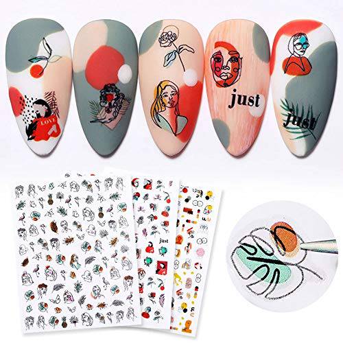 NY Graffiti Nail Art Sticker Decals 6 Sheet 3D Self-Adhesive Abstract Face Curve Fun Graffiti Nail Design Acrylic Supplies DIY Decorations for Women Manicure Tips,Colorful,flame