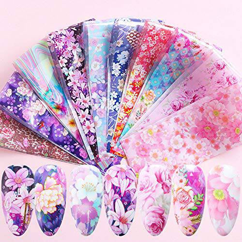 NY 10 Sheets Holographic Nail Foil Flower Starry Sky Nails Art Decals Supplies Flower Sea Pattern Nail Designs Charms Decorations Transfer Sticker for Women Acrylic DIY Manicure Tips