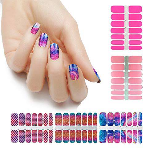 LIULI Nail Polish Strips Mermaid Design 5 Sheets 70 Tips Black Glitter Pink and Purple Adhesive Stickers for Wedding, Party, Shopping, Travelling Fingernail Decoration