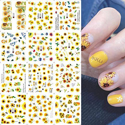 Sunflower Nail Art Stickers Decals Flower Nail Water Transfer Slider Foil Tattoo Yellow Blossoms Daisy Summer Watermark Nail Decorations Supplies Sunflower Charms Designs DIY Manicure Tips for Women 12PCS