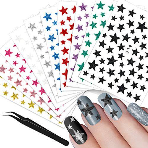 30 Sheets Star Nail Art Stickers Decals Glitter Star Nail Stickers 3D Self Adhesive Nail Decals Shiny Star Decoration Decals with Tweezers Manicure Accessories for Women Girls DIY Nail Art Design