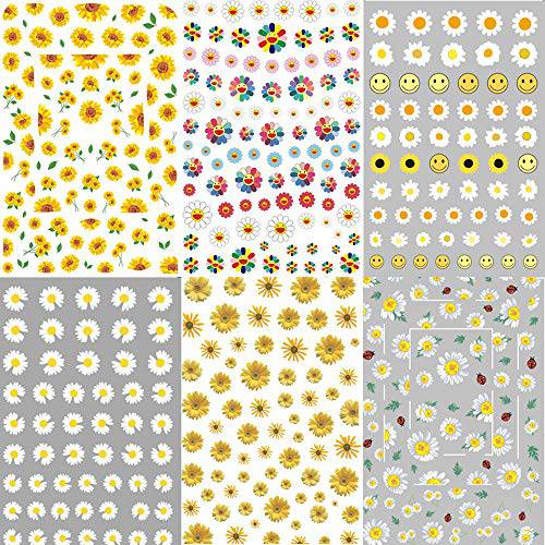 6 Sheets Daisy Nail Art Stickers Luxury Designer Nail Art Supplies 3D Self-Adhesive Nail Decals Sunflower Smiley Daisies Flowers Designs Sticker for Woman Manicure Tips Nail Decorations Kit