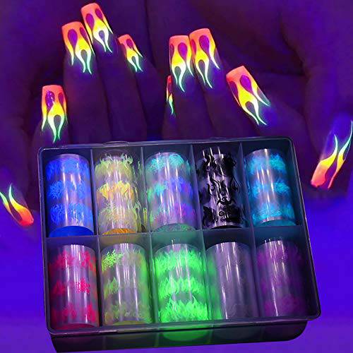 10 Rolls Fluorescent Flame Nail Foils Transfer Stickers, Glow in Night, 10 Color Holographic Fire Nail Design for Acrylic Nails, Flame Nail Art Supplies Manicure Nail Decoration Kit