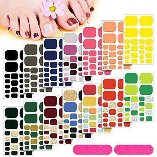 308 Pieces 14 Sheets Toenail Polish Stickers Adhesive Toe Nail Wraps Full Toe Nail Wraps Toenail Polish Strips DIY Glitter Toe Nails Manicure Decal with 2 Pieces Nail Files for Girls (Classic Style)