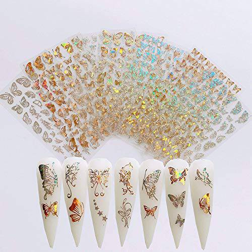 Butterfly Nail Art Stickers Decals Laser Butterfly Nail Designs 3D Gold Silver Butterflies Nail Art Adhesive Sticker Sheets Nail Foil Luxury Butterfly Nail Stickers for Nail Art Decoration (8 Pcs)