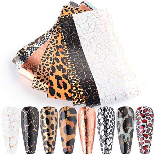 Leopard Nail Art Foil Transfer Stickers, Leopard Print Nail Art Stickers Holographic Foils Animal Skin Design Nail Foil Adhesive Decals for Acrylic Nails Supplies Manicure Tips Decorations 10pcs